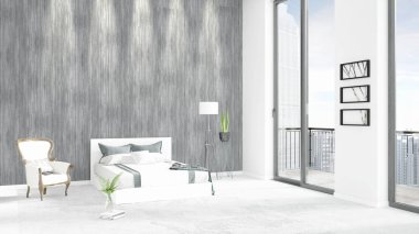 Yepyeni beyaz çatı katı yatak odası en az stil iç tasarım boşaltmak duvar ve görünümü penceresi dışında. 3D render.