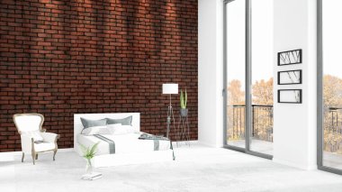 Yepyeni beyaz çatı katı yatak odası en az stil iç tasarım boşaltmak duvar ve görünümü penceresi dışında. 3D render.