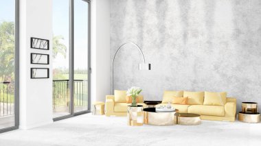 Yepyeni beyaz çatı katı yatak odası en az stil iç tasarım boşaltmak duvar ve görünümü penceresi dışında. 3D render.