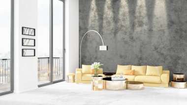 Yepyeni beyaz çatı katı yatak odası en az stil iç tasarım boşaltmak duvar ve görünümü penceresi dışında. 3D render.