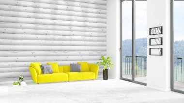 Yepyeni beyaz çatı katı yatak odası en az stil iç tasarım boşaltmak duvar ve görünümü penceresi dışında. 3D render.