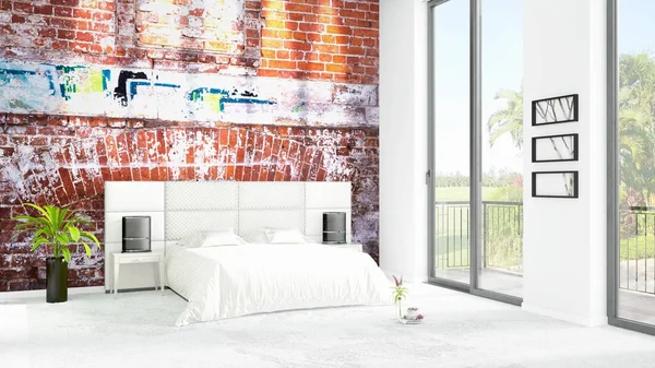 Brand kamar tidur loteng putih baru Desain interior gaya minimal dengan dinding ruang cipta dan melihat keluar dari jendela. Perenderan 3D . — Stok Foto