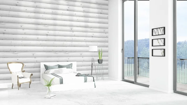 Nuevo dormitorio loft blanco de diseño interior de estilo minimalista con pared de copyspace y vista desde la ventana. Renderizado 3D . —  Fotos de Stock