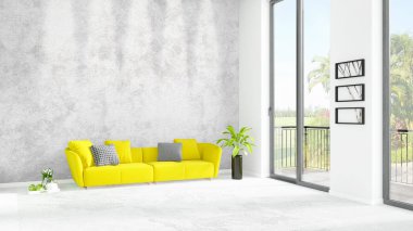 Yepyeni beyaz çatı katı yatak odası en az stil iç tasarım boşaltmak duvar ve görünümü penceresi dışında. 3D render.