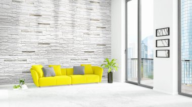 Yepyeni beyaz çatı katı yatak odası en az stil iç tasarım boşaltmak duvar ve görünümü penceresi dışında. 3D render.