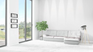 Yepyeni beyaz çatı katı yatak odası en az stil iç tasarım boşaltmak duvar ve görünümü penceresi dışında. 3D render.