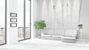 Yepyeni beyaz çatı katı yatak odası en az stil iç tasarım boşaltmak duvar ve görünümü penceresi dışında. 3D render.