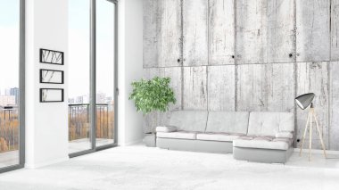 Yepyeni beyaz çatı katı yatak odası en az stil iç tasarım boşaltmak duvar ve görünümü penceresi dışında. 3D render.