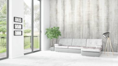 Yepyeni beyaz çatı katı yatak odası en az stil iç tasarım boşaltmak duvar ve görünümü penceresi dışında. 3D render.