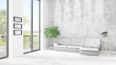 Yepyeni beyaz çatı katı yatak odası en az stil iç tasarım boşaltmak duvar ve görünümü penceresi dışında. 3D render.