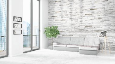 Yepyeni beyaz çatı katı yatak odası en az stil iç tasarım boşaltmak duvar ve görünümü penceresi dışında. 3D render.