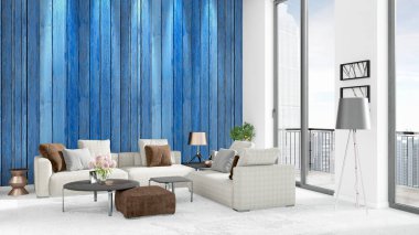 Yepyeni beyaz çatı katı yatak odası en az stil iç tasarım boşaltmak duvar ve görünümü penceresi dışında. 3D render.