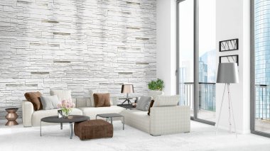 Yepyeni beyaz çatı katı yatak odası en az stil iç tasarım boşaltmak duvar ve görünümü penceresi dışında. 3D render.