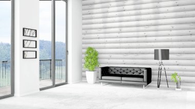 Yepyeni beyaz çatı katı yatak odası en az stil iç tasarım boşaltmak duvar ve görünümü penceresi dışında. 3D render.