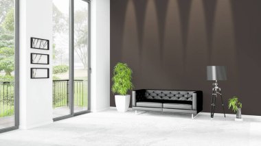 Yepyeni beyaz çatı katı yatak odası en az stil iç tasarım boşaltmak duvar ve görünümü penceresi dışında. 3D render.