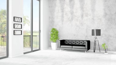 Yepyeni beyaz çatı katı yatak odası en az stil iç tasarım boşaltmak duvar ve görünümü penceresi dışında. 3D render.