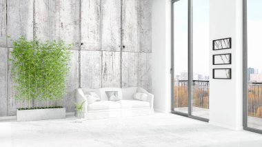 Yepyeni beyaz çatı katı yatak odası en az stil iç tasarım boşaltmak duvar ve görünümü penceresi dışında. 3D render.