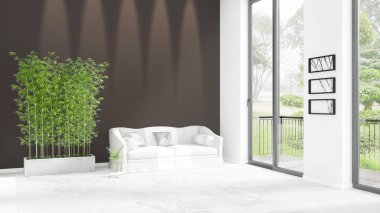 Yepyeni beyaz çatı katı yatak odası en az stil iç tasarım boşaltmak duvar ve görünümü penceresi dışında. 3D render.