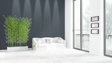 Yepyeni beyaz çatı katı yatak odası en az stil iç tasarım boşaltmak duvar ve görünümü penceresi dışında. 3D render.