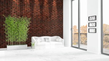 Yepyeni beyaz çatı katı yatak odası en az stil iç tasarım boşaltmak duvar ve görünümü penceresi dışında. 3D render.