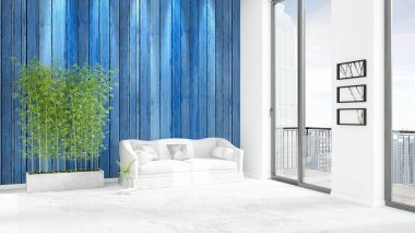 Yepyeni beyaz çatı katı yatak odası en az stil iç tasarım boşaltmak duvar ve görünümü penceresi dışında. 3D render.