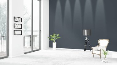 Yepyeni beyaz çatı katı yatak odası en az stil iç tasarım boşaltmak duvar ve görünümü penceresi dışında. 3D render.