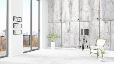 Yepyeni beyaz çatı katı yatak odası en az stil iç tasarım boşaltmak duvar ve görünümü penceresi dışında. 3D render.