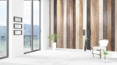 Yepyeni beyaz çatı katı yatak odası en az stil iç tasarım boşaltmak duvar ve görünümü penceresi dışında. 3D render.