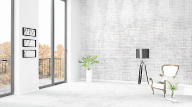 Yepyeni beyaz çatı katı yatak odası en az stil iç tasarım boşaltmak duvar ve görünümü penceresi dışında. 3D render.