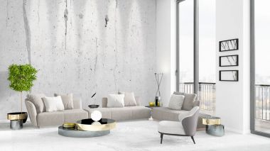 Yepyeni beyaz çatı katı yatak odası en az stil iç tasarım boşaltmak duvar ve görünümü penceresi dışında. 3D render.