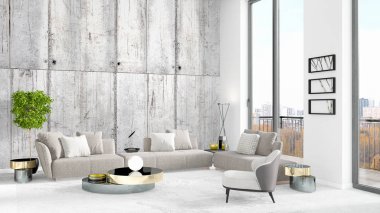 Yepyeni beyaz çatı katı yatak odası en az stil iç tasarım boşaltmak duvar ve görünümü penceresi dışında. 3D render.