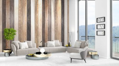 Yepyeni beyaz çatı katı yatak odası en az stil iç tasarım boşaltmak duvar ve görünümü penceresi dışında. 3D render.