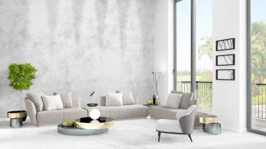 Yepyeni beyaz çatı katı yatak odası en az stil iç tasarım boşaltmak duvar ve görünümü penceresi dışında. 3D render.