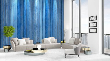 Yepyeni beyaz çatı katı yatak odası en az stil iç tasarım boşaltmak duvar ve görünümü penceresi dışında. 3D render.