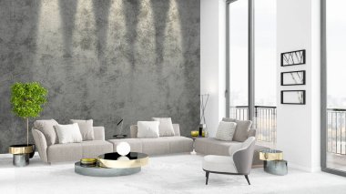 Yepyeni beyaz çatı katı yatak odası en az stil iç tasarım boşaltmak duvar ve görünümü penceresi dışında. 3D render.