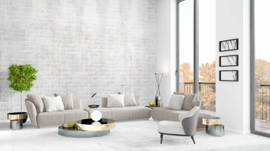 Yepyeni beyaz çatı katı yatak odası en az stil iç tasarım boşaltmak duvar ve görünümü penceresi dışında. 3D render.