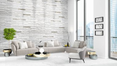 Yepyeni beyaz çatı katı yatak odası en az stil iç tasarım boşaltmak duvar ve görünümü penceresi dışında. 3D render.