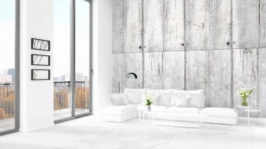 Yepyeni beyaz çatı katı yatak odası en az stil iç tasarım boşaltmak duvar ve görünümü penceresi dışında. 3D render.