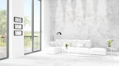 Yepyeni beyaz çatı katı yatak odası en az stil iç tasarım boşaltmak duvar ve görünümü penceresi dışında. 3D render.