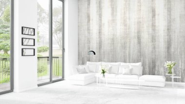 Yepyeni beyaz çatı katı yatak odası en az stil iç tasarım boşaltmak duvar ve görünümü penceresi dışında. 3D render.