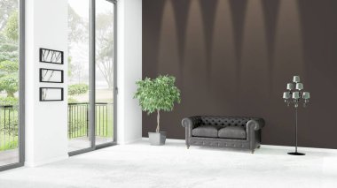 Yepyeni beyaz çatı katı yatak odası en az stil iç tasarım boşaltmak duvar ve görünümü penceresi dışında. 3D render.