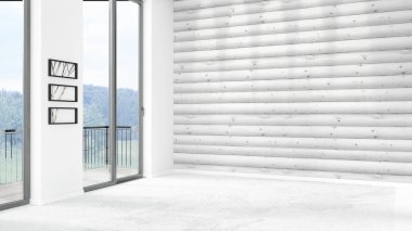 Yepyeni beyaz çatı katı yatak odası en az stil iç tasarım boşaltmak duvar ve görünümü penceresi dışında. 3D render.