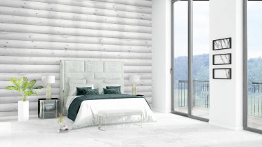 Yepyeni beyaz çatı katı yatak odası en az stil iç tasarım boşaltmak duvar ve görünümü penceresi dışında. 3D render.