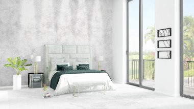 Yepyeni beyaz çatı katı yatak odası en az stil iç tasarım boşaltmak duvar ve görünümü penceresi dışında. 3D render.