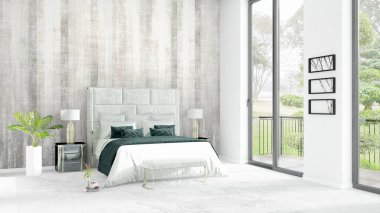 Yepyeni beyaz çatı katı yatak odası en az stil iç tasarım boşaltmak duvar ve görünümü penceresi dışında. 3D render.