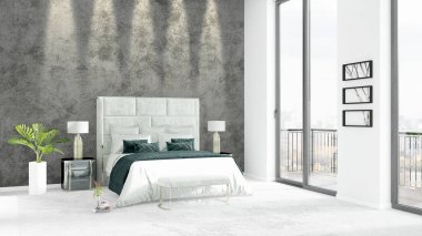 Yepyeni beyaz çatı katı yatak odası en az stil iç tasarım boşaltmak duvar ve görünümü penceresi dışında. 3D render.