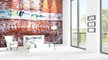 Yepyeni beyaz çatı katı yatak odası en az stil iç tasarım boşaltmak duvar ve görünümü penceresi dışında. 3D render.