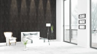 Yepyeni beyaz çatı katı yatak odası en az stil iç tasarım boşaltmak duvar ve görünümü penceresi dışında. 3D render.