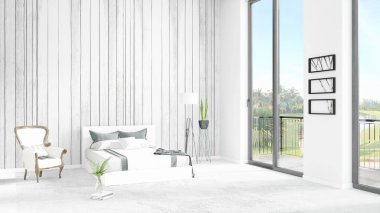 Yepyeni beyaz çatı katı yatak odası en az stil iç tasarım boşaltmak duvar ve görünümü penceresi dışında. 3D render.