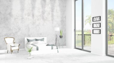 Yepyeni beyaz çatı katı yatak odası en az stil iç tasarım boşaltmak duvar ve görünümü penceresi dışında. 3D render.